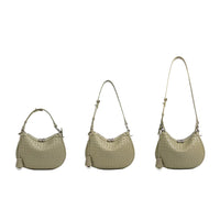 Olive green woven shoulder bag with adjustable strap shown in three different lengths