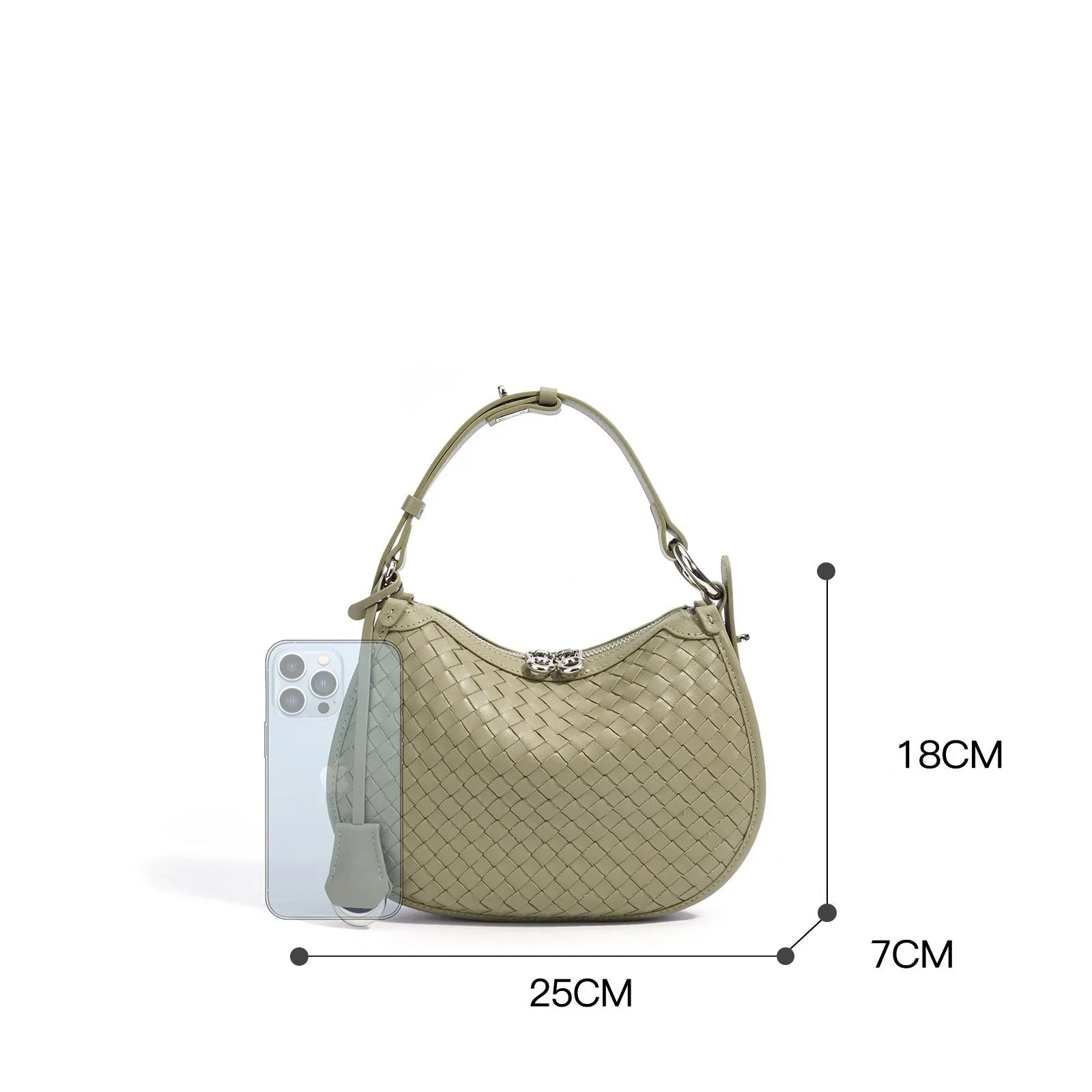 Woven leather handbag in pale green with size dimensions and a smartphone for scale