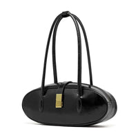Black oval leather handbag with double straps and gold clasp on white background