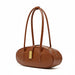 Brown leather oval handbag with double straps and gold clasp on white background