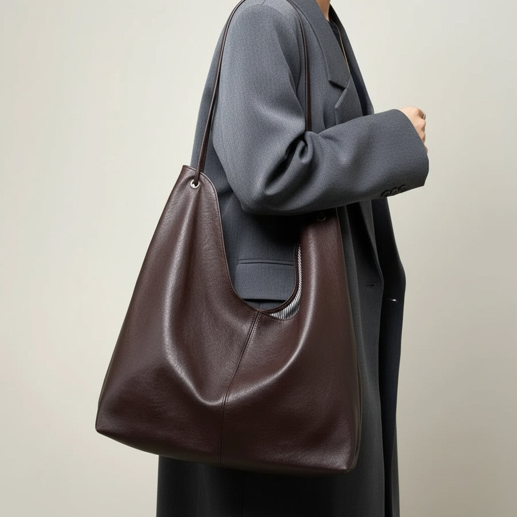 Woman in gray coat carrying large brown leather shoulder bag