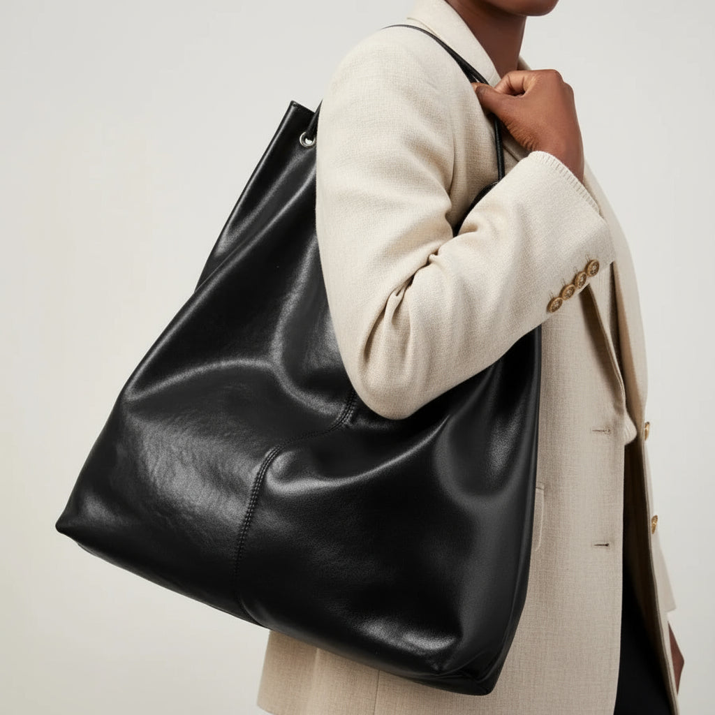 Woman in beige blazer carrying a large black leather tote bag