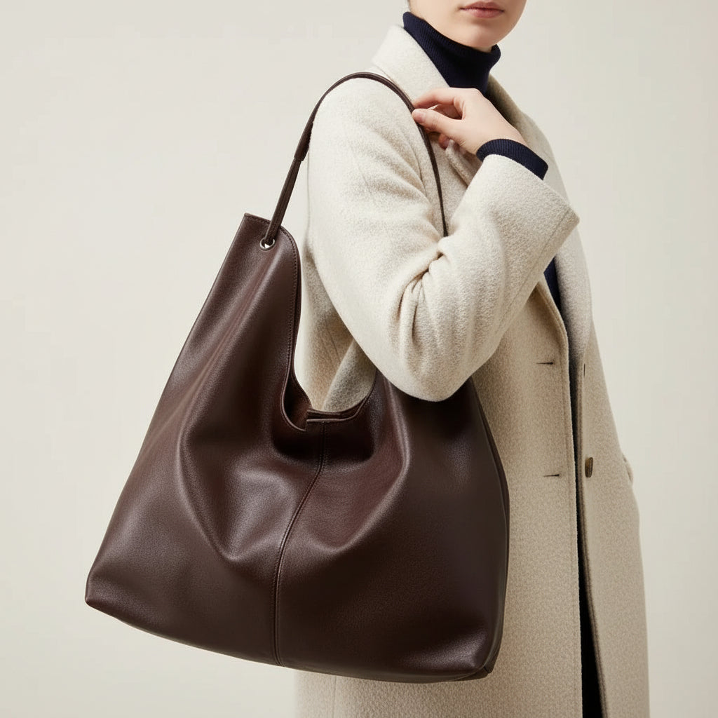 Woman wearing brown oversized leather tote bag with brown trench coat