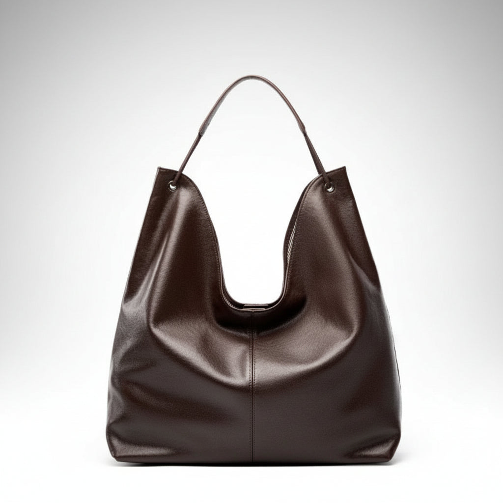Dark brown leather hobo shoulder bag with single strap on white background