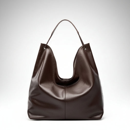 Dark brown leather hobo shoulder bag with single strap on white background