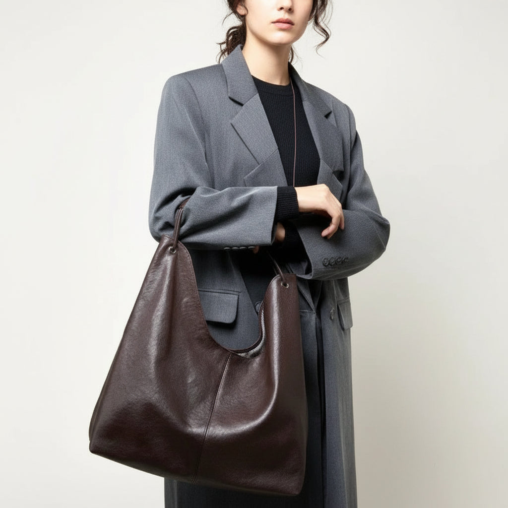 Woman in gray coat holding large brown leather tote bag