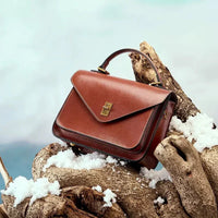Brown leather handbag with gold clasp on driftwood and snow, winter fashion accessory