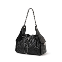 Black quilted leather handbag with chain strap and silver accents on white background