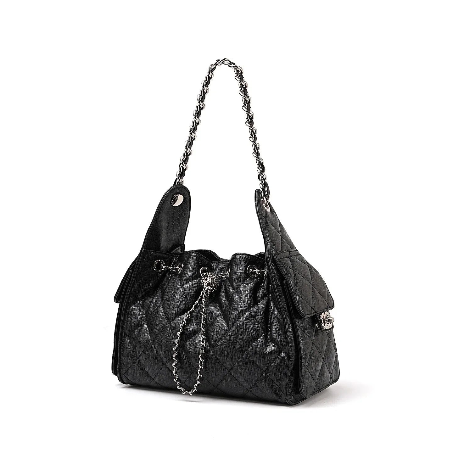 Black quilted leather handbag with chain strap and silver accents on white background