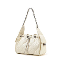Ivory quilted leather shoulder bag with chain strap and side pockets on white background