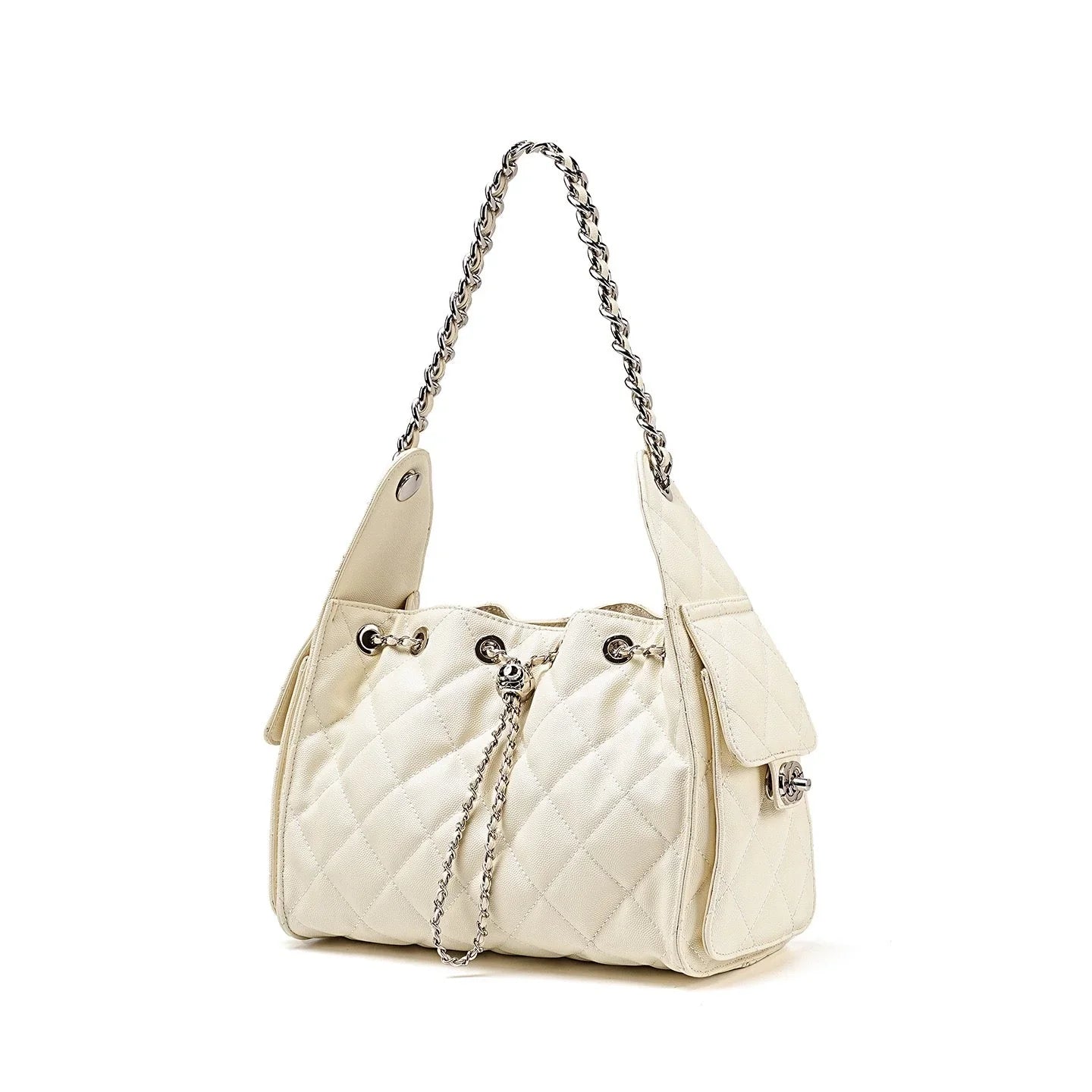 Ivory quilted leather shoulder bag with chain strap and side pockets on white background