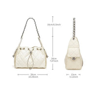 White quilted handbag with chain strap, shown front and side, bag dimensions labeled