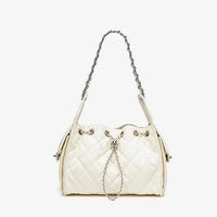 Quilted white leather shoulder bag with chain strap and silver hardware on white background