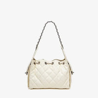 Quilted white leather shoulder bag with silver chain strap on white background