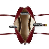 Top view of a burgundy leather handbag showing labeled main compartment and two interlayers