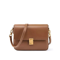 Brown leather crossbody bag with gold clasp and hardware on white background