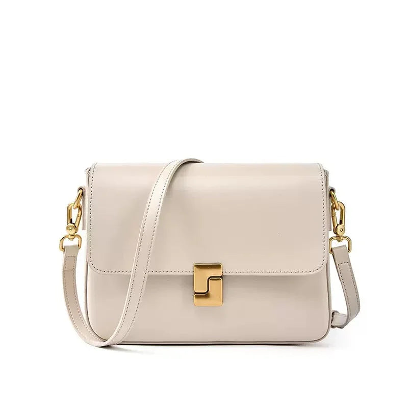 Beige leather crossbody bag with gold hardware and a front clasp on white background