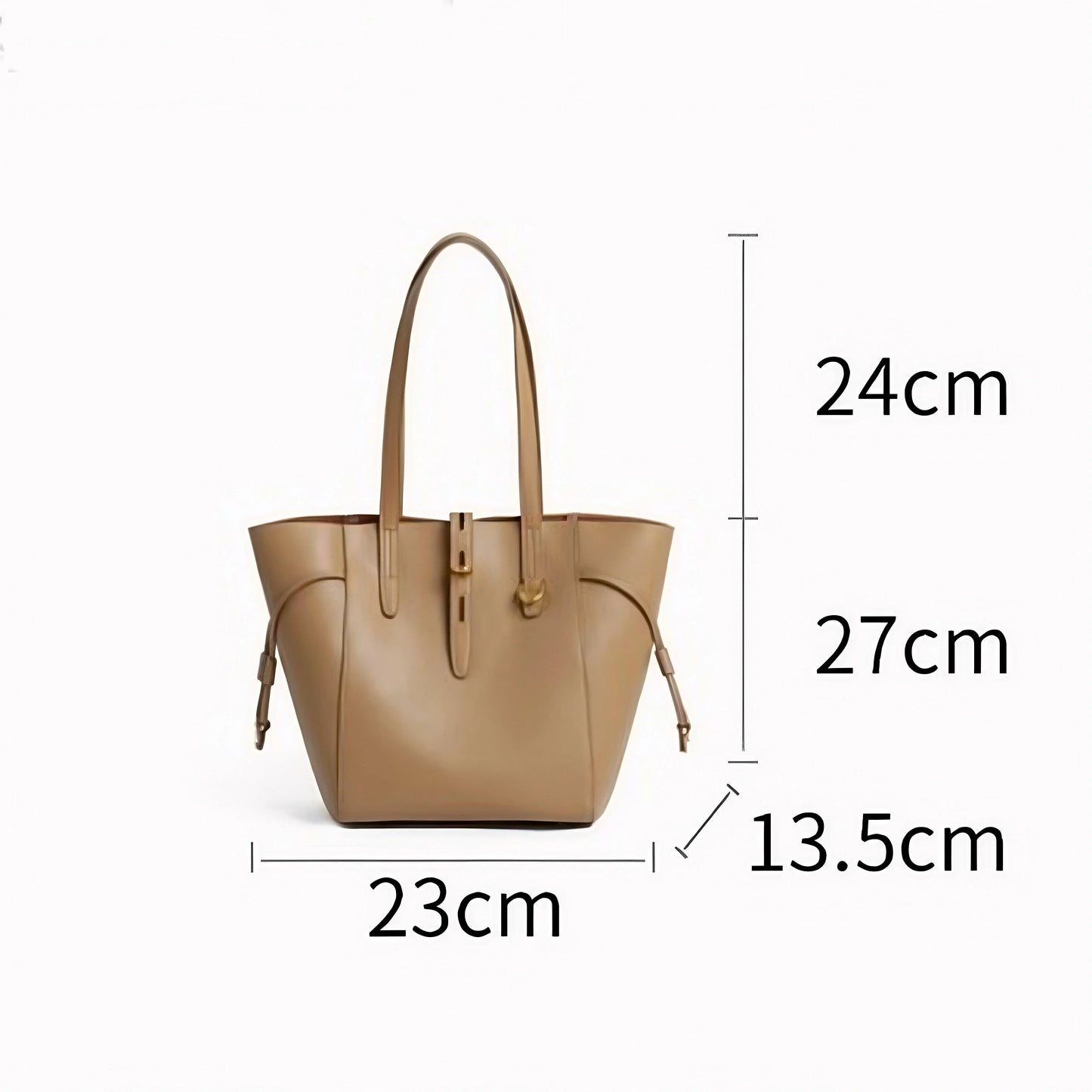 Beige leather tote bag with measurements 24cm, 27cm, 23cm, and 13.5cm on white background