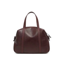 Elegant dark brown leather handbag with double handles on a white background
