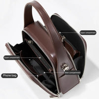 Brown leather handbag with labeled zipper compartments, main compartment, and phone bag