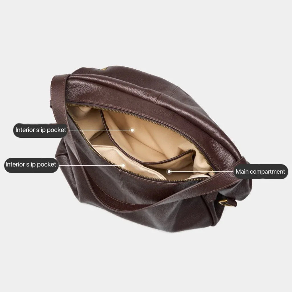Brown leather shoulder bag with labeled interior slip pockets and main compartment