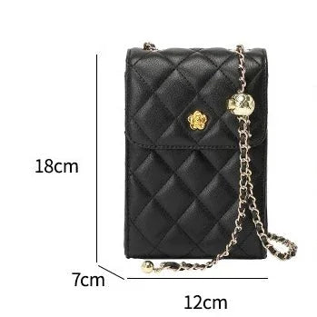 Black quilted leather crossbody bag with gold chain strap, 18x12x7cm, product photo