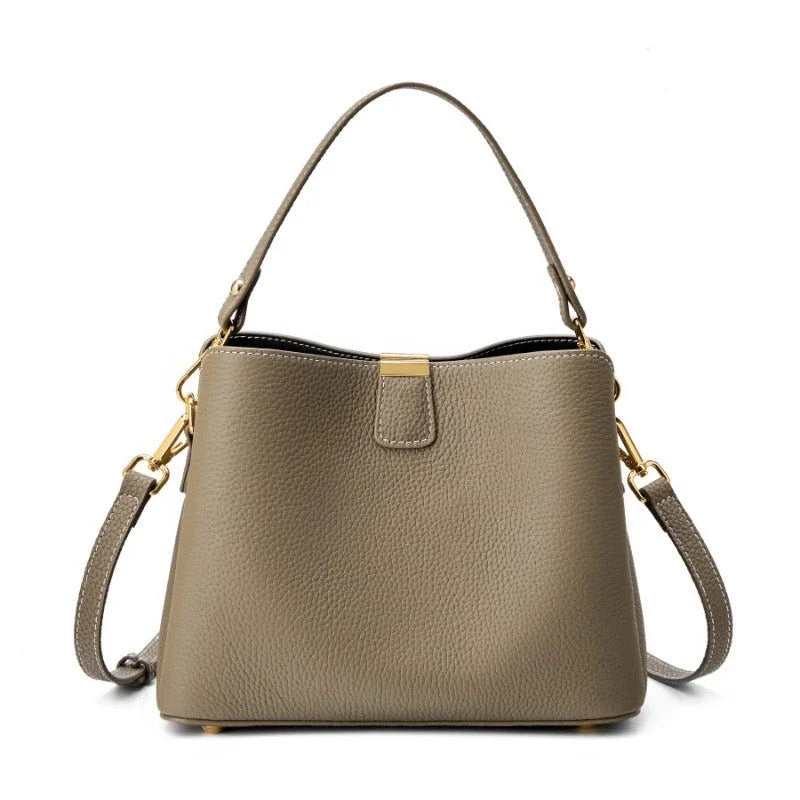 Taupe leather handbag with gold hardware and detachable shoulder strap on white background