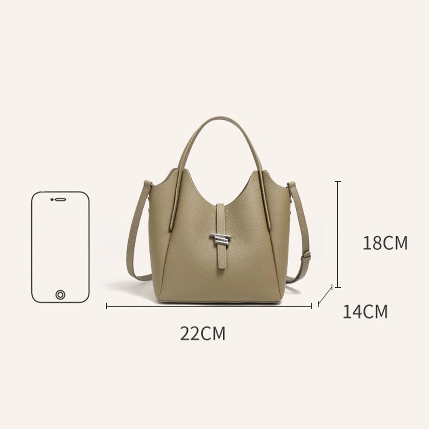 Khaki leather handbag with top handle, shoulder strap, and size measurements 22x18x14cm