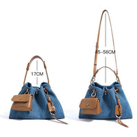 Blue felt bucket bag with brown leather strap and pouch, adjustable 17CM and 45-56CM handles
