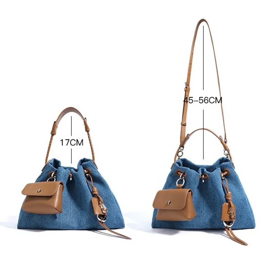 Blue felt bucket bag with brown leather strap and pouch, adjustable 17CM and 45-56CM handles