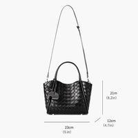 Black woven leather handbag with top handles, long strap, and size dimensions shown