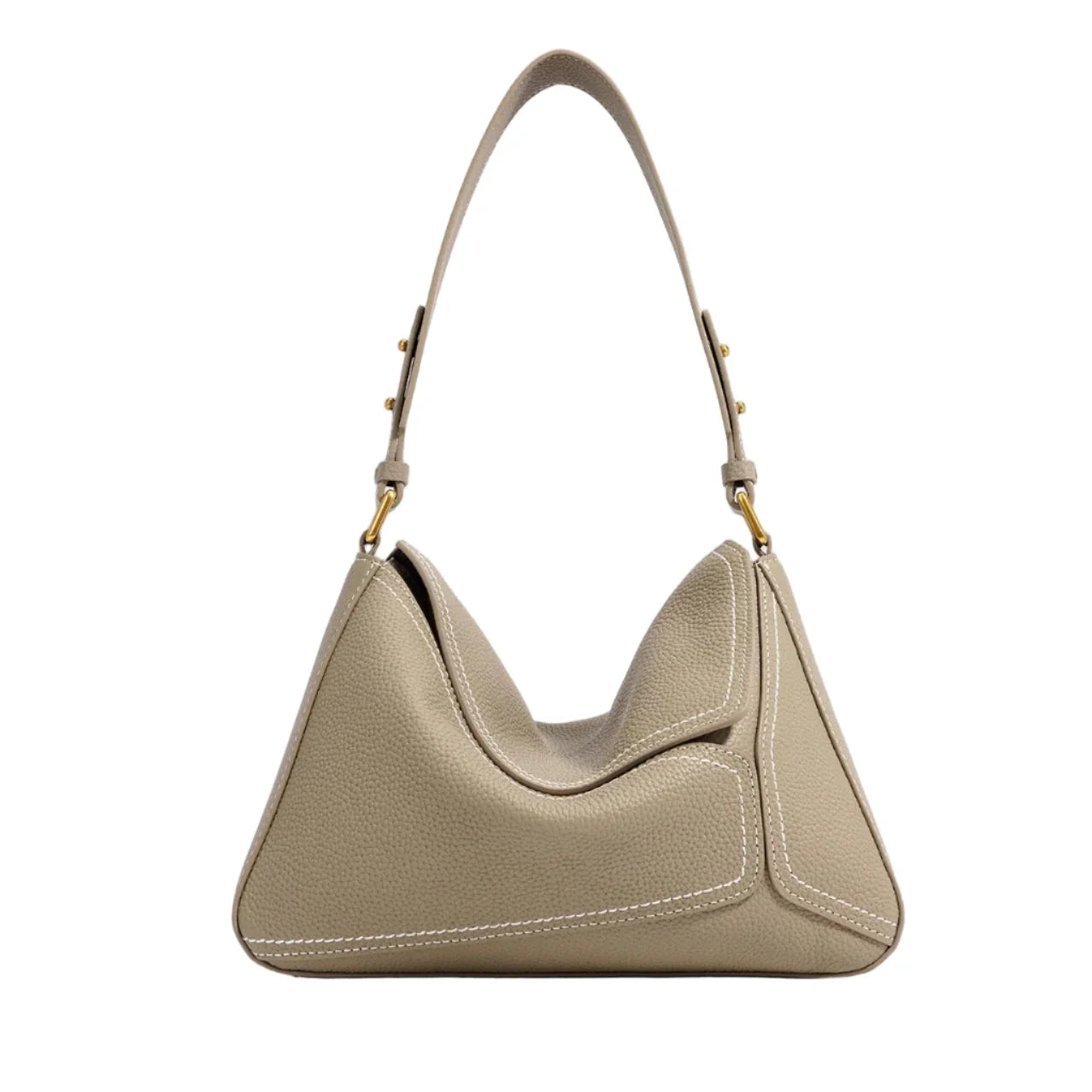 Beige leather shoulder bag with top handle, white stitching, gold hardware on white background
