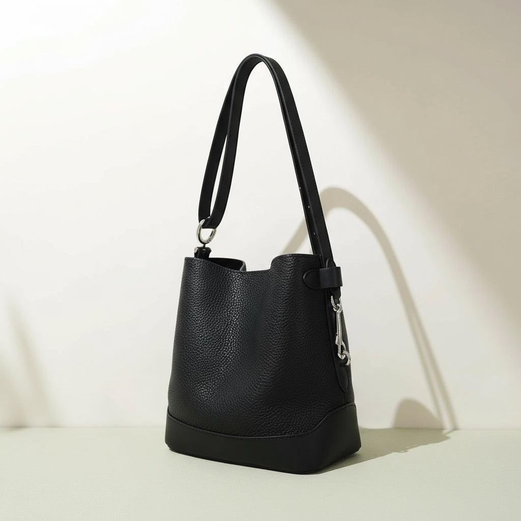 Black leather bucket bag with shoulder strap on light surface, minimalist background