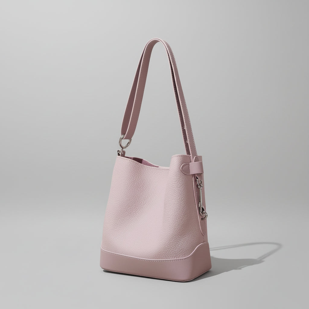 Light pink leather bucket bag with shoulder strap on minimalist background