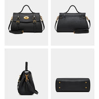 Black leather handbag with gold hardware, braided handle, and detachable strap, shown front, back, side, and bottom views.