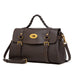 Dark brown leather handbag with gold buckles and braided top handle