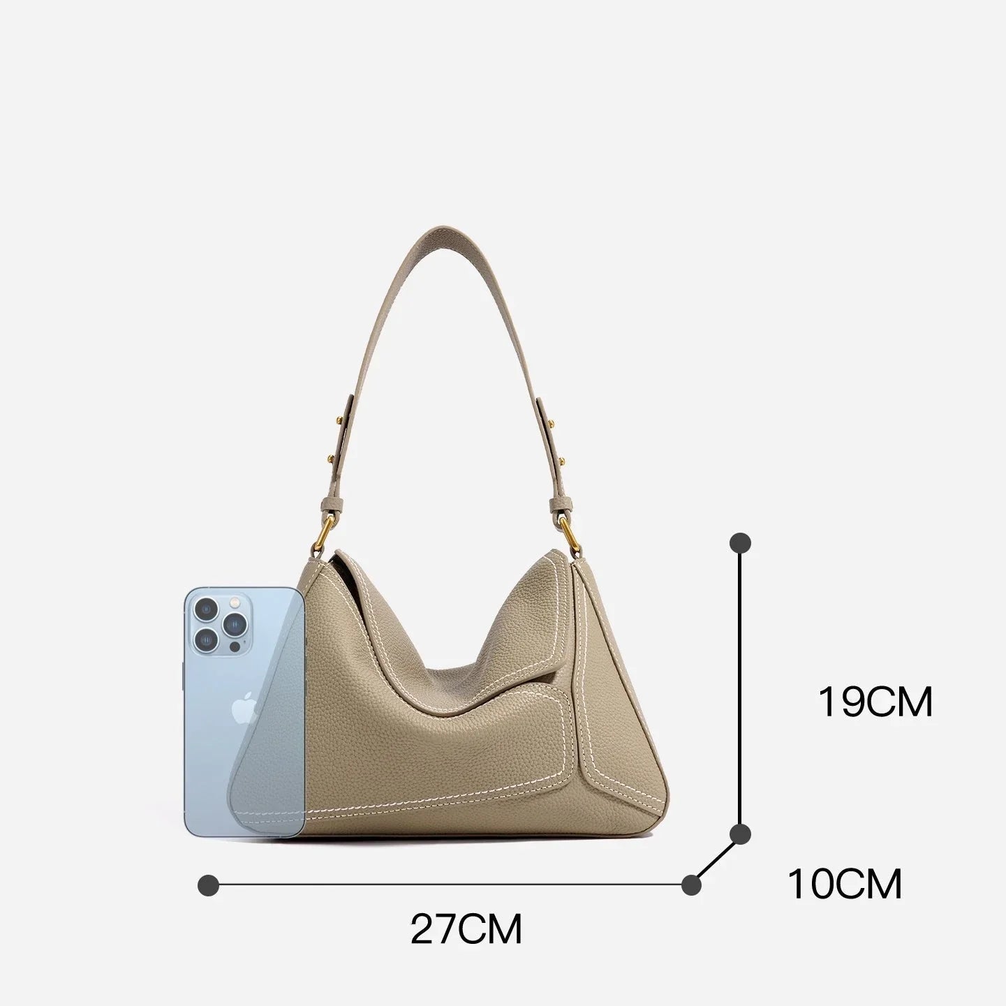 Beige leather handbag with short strap, iPhone for scale, dimensions 27x19x10cm