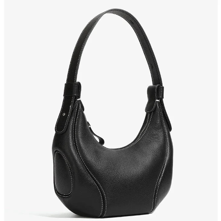 Black leather hobo shoulder bag with white stitching on a plain white background