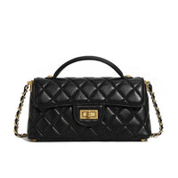 Black quilted leather handbag with gold chain strap and turn-lock closure