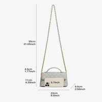 Light gray quilted handbag with gold chain strap, phone size comparison, and bag measurements.