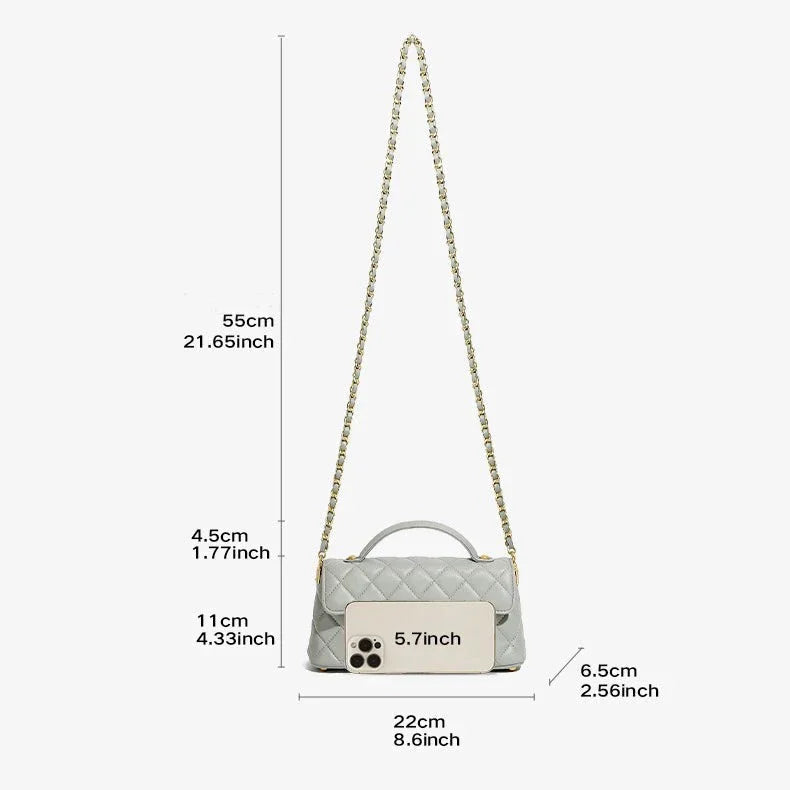 Light gray quilted handbag with gold chain strap, phone size comparison, and bag measurements.