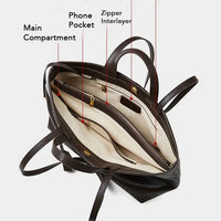 Black leather tote bag interior with main compartment, phone pocket, and zipper interlayer labeled