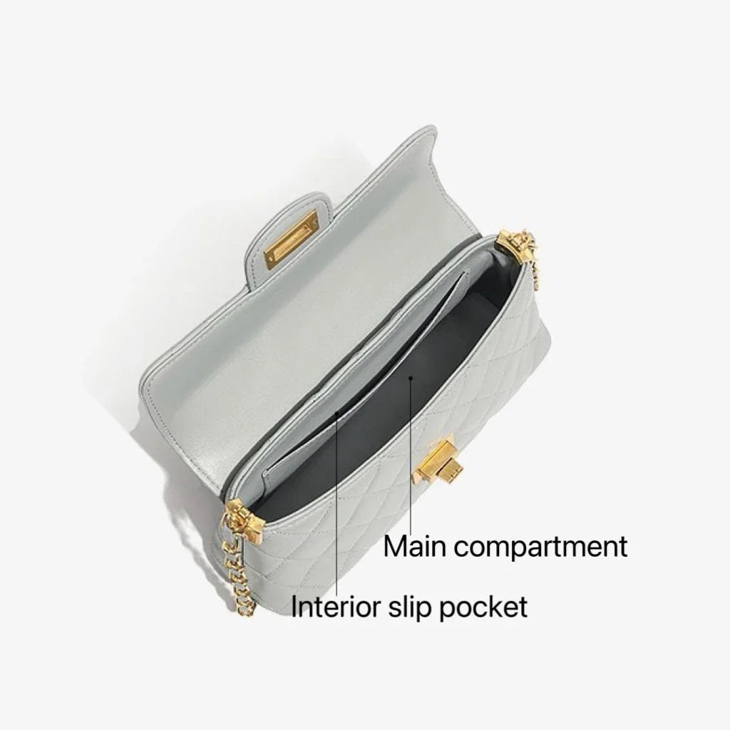 Quilted light gray handbag with gold chain strap, main compartment and interior slip pocket labeled.