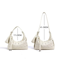 Two cream woven shoulder bags with adjustable straps, one 17–23cm and one 41–56cm tall.