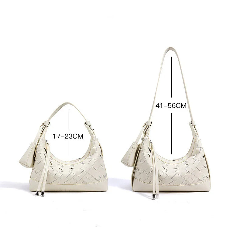 Two cream woven shoulder bags with adjustable straps, one 17–23cm and one 41–56cm tall.