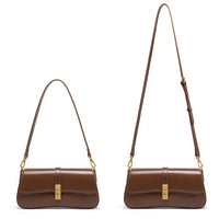 Two brown leather shoulder bags with gold clasps and adjustable straps on white background