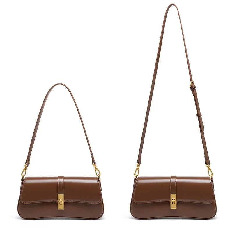 Two brown leather shoulder bags with gold clasps and adjustable straps on white background