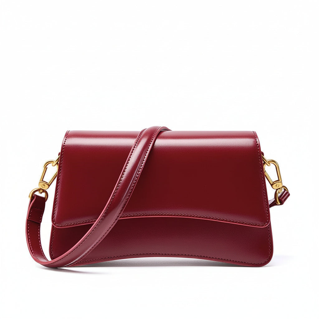 Elegant burgundy leather shoulder bag with gold hardware on a white background