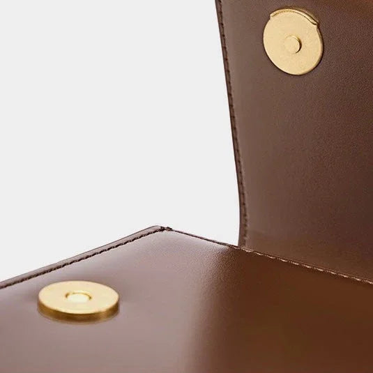 Close-up brown leather bag with gold magnetic snap closure detail