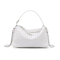 White woven leather handbag with a top handle and detachable silver chain strap
